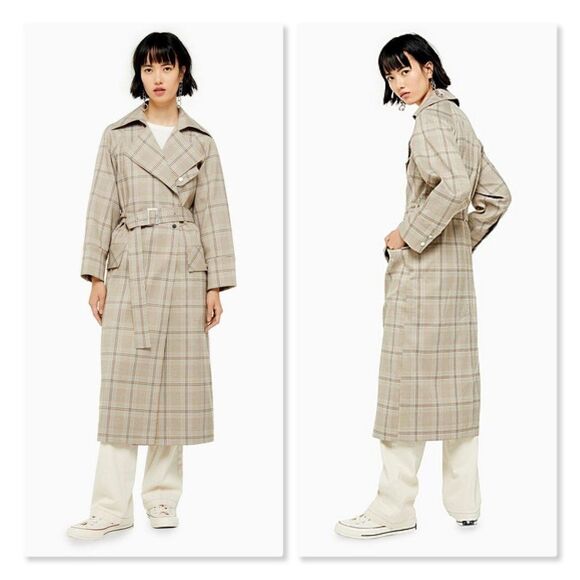 NEW Topshop Check Trench sz 4 in Tan/Light Blue - Picture 1 of 10